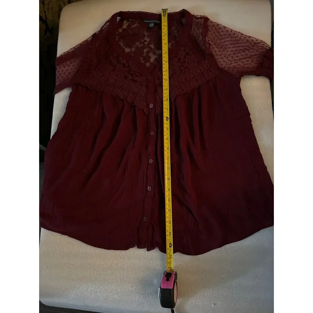 American Eagle Outfitters Burgundy Gauze Lace Top S Boho Coquette Girl Fairycore